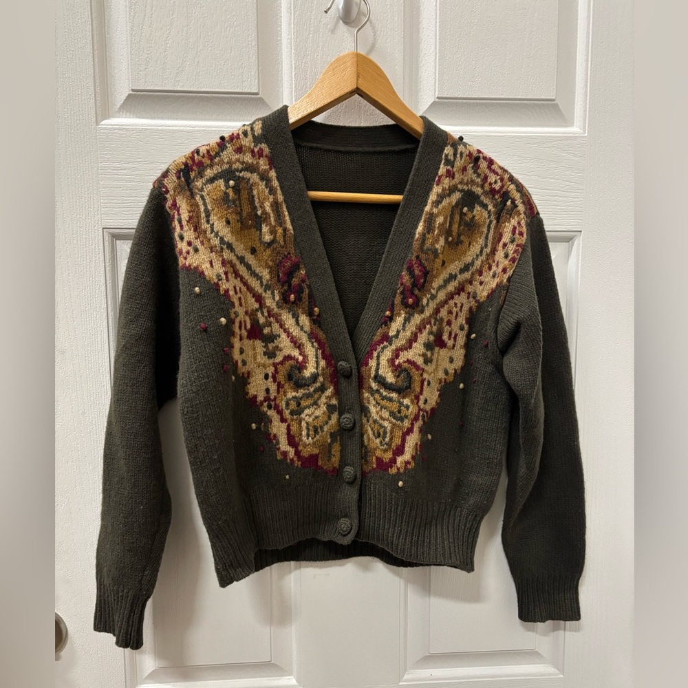 Vintage Lamb Wool Cardigan Women Knit Sweater Sz S Parsley Pattern Army Green